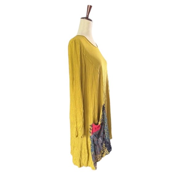 CHALET ET CECI Women Mustard Tunic Top Asymmetrical Hem Lagenlook Crinkle S NWOT - Picture 12 of 16